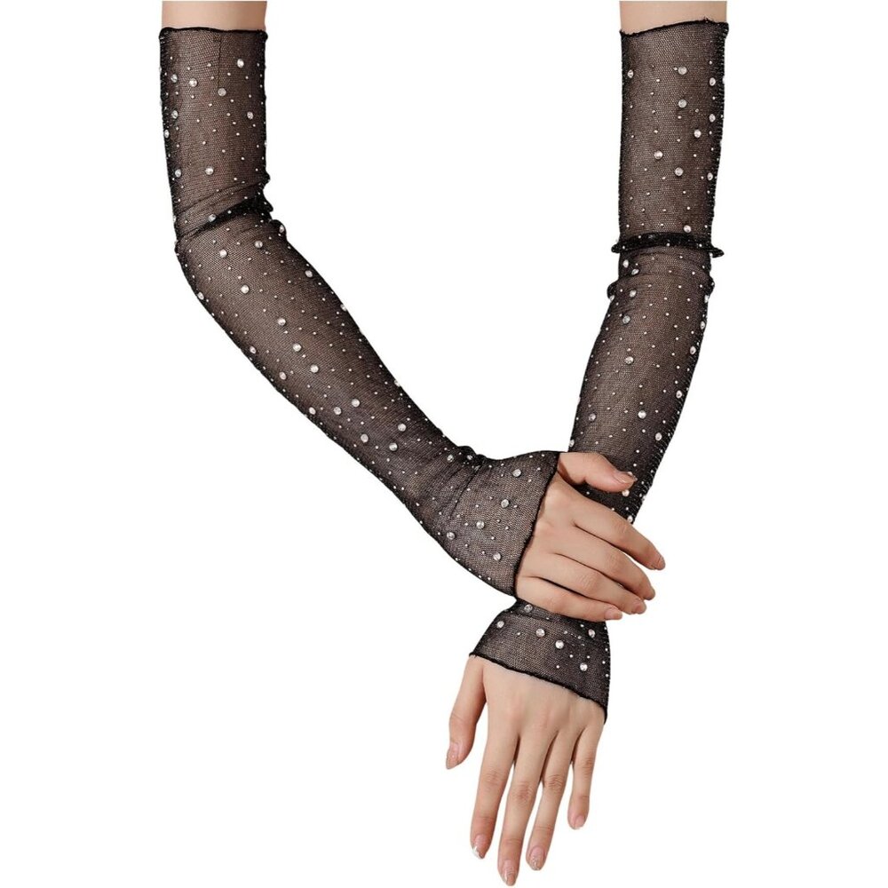 Women's Rhinestone Black Sheer Tulle Lace Fingerles Elbow Length Sleeves Gloves
